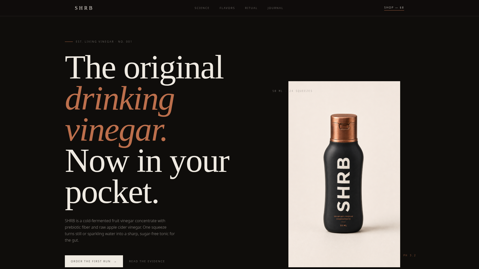 SHRB drinking vinegar concentrate bottle on the brand's editorial website